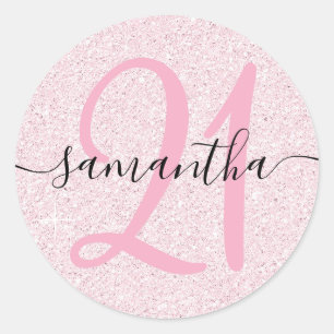 Girly Pale Pink Faux Glitter Personalized 21 Classic Round Sticker