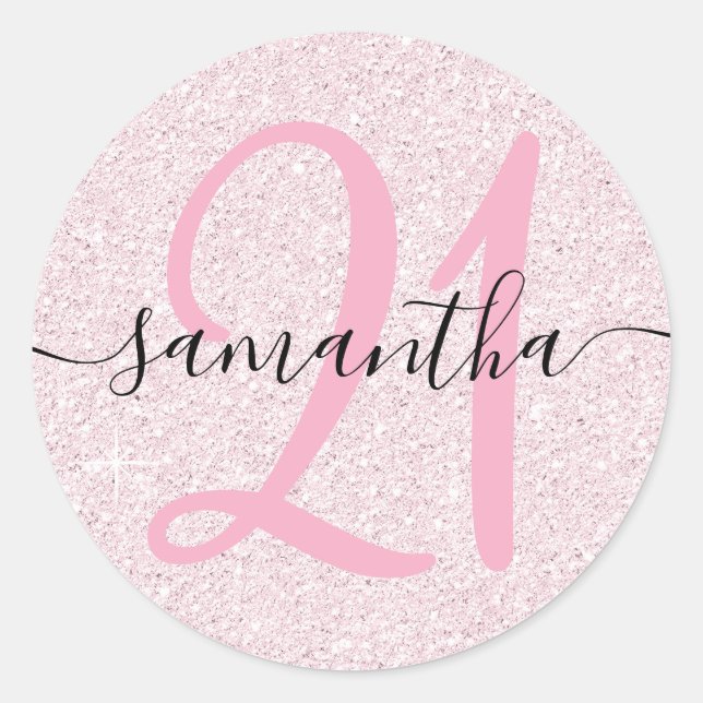 Girly Pale Pink Faux Glitter Personalized 21 Classic Round Sticker (Front)