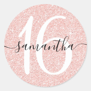 Girly Pale Rose Gold Faux Glitter Personalized 16 Classic Round Sticker