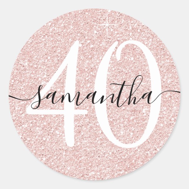 Girly Pale Rose Gold Faux Glitter Personalized 40 Classic Round Sticker (Front)