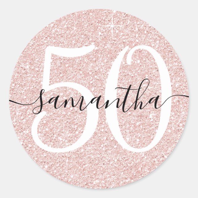 Girly Pale Rose Gold Faux Glitter Personalized 50 Classic Round Sticker (Front)