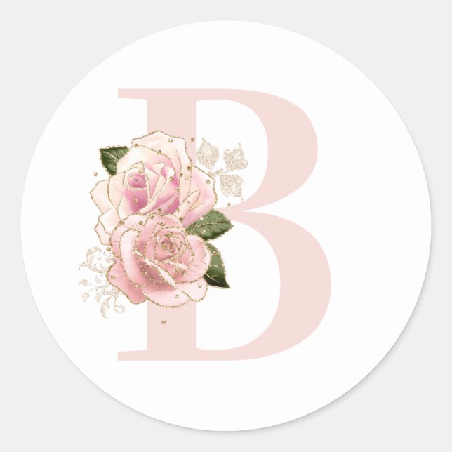 Girly Pale Rose Gold Glitter Floral Blush Monogram Classic Round Sticker (Front)