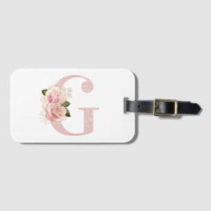Girly Pale Rose Gold Glitter Floral Monogram G Luggage Tag