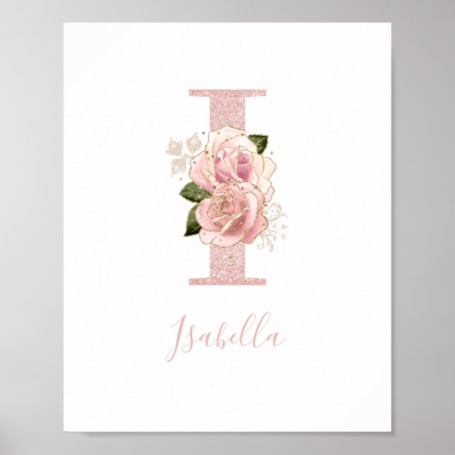 Girly Pale Rose Gold Glitter Floral Monogram I Poster (Front)