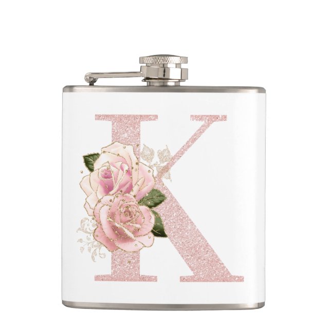 Girly Pale Rose Gold Glitter Floral Monogram K Hip Flask (Front)