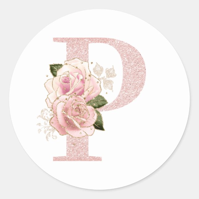 Girly Pale Rose Gold Glitter Floral Monogram P Classic Round Sticker (Front)