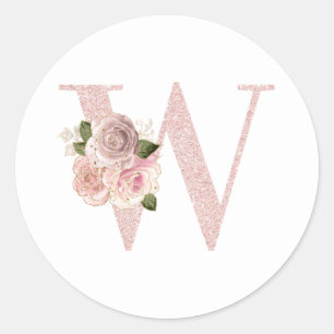 Girly Pale Rose Gold Glitter Floral W Monogram Classic Round Sticker