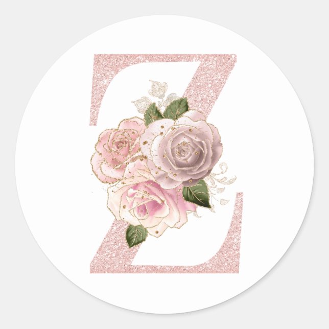 Girly Pale Rose Gold Glitter Floral Z Monogram Classic Round Sticker (Front)