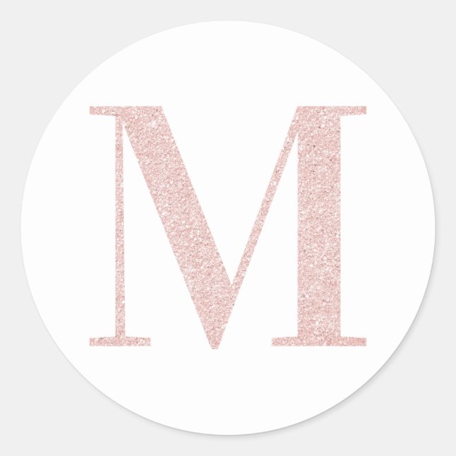 Girly Pale Rose Gold Glitter Monogram M Classic Round Sticker (Front)
