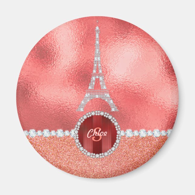 Girly Paris Diamond Eiffel Tower Rose Gold Magnet (Front)