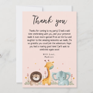 Girly Party Wild Animals Birthday  Thank You Card