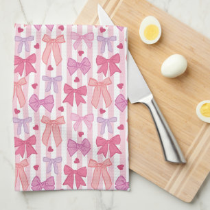 Girly Pastel Bows and Stripes Kitchen Towel