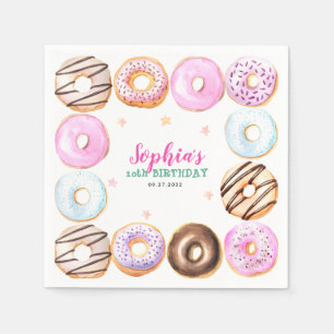 Girly Pastel Doughnuts Watercolor Birthday Party Napkin