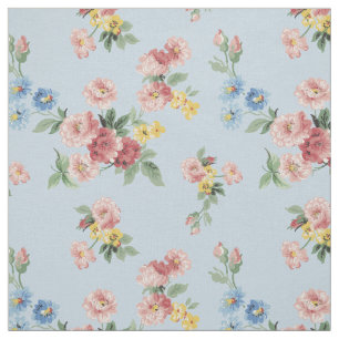 Girly Pastel Floral Customizable - Blue Background Fabric