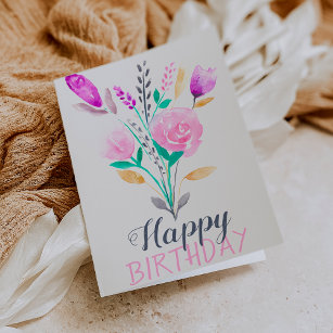 Girly pastel floral watercolor birthday typography card