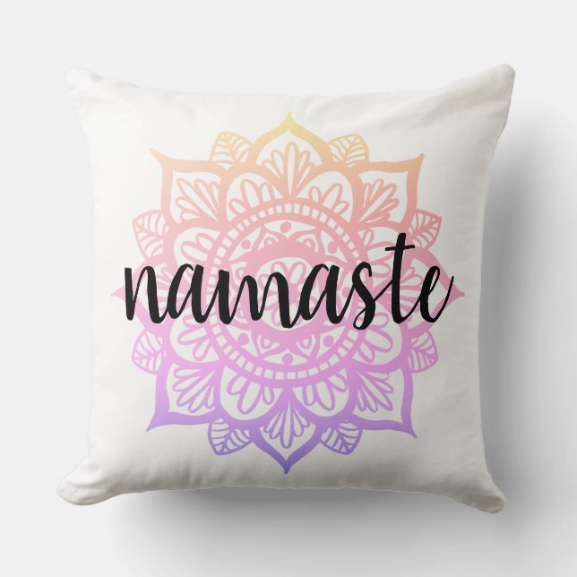 Girly Pastel Gradient Namaste Mandala Flower Throw Pillow (Front)