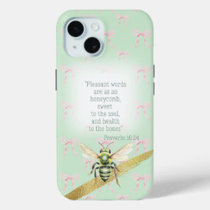 Girly Pastel Green Pink Bow Bible Green Bee iPhone 15 Case