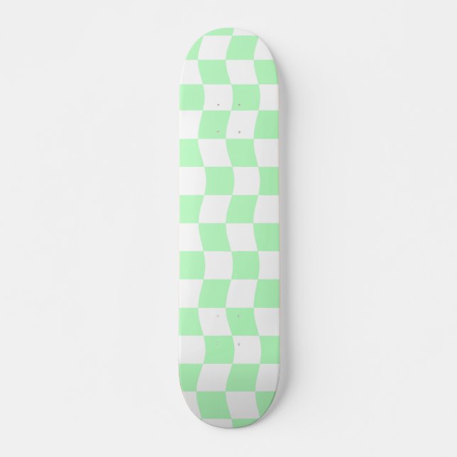 Girly Pastel Green White Wavy Check Pattern Skateboard (Front)
