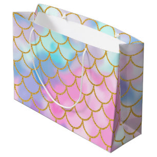 Girly Pastel Ombre Gold Glitter Mermaid Large Gift Bag