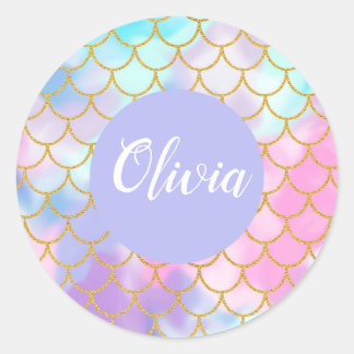 Girly Pastel Ombre Gold Glitter Mermaid Monogram Classic Round Sticker