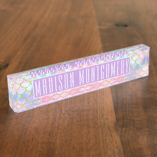 Girly Pastel Ombre Gold Glitter Mermaid Name Nameplate