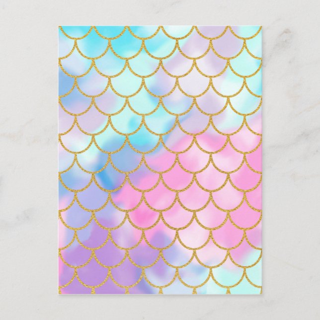 Girly Pastel Ombre Gold Glitter Mermaid Postcard (Front)
