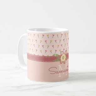 Girly Pastel Peach Heart Flower Pattern & Monogram Coffee Mug