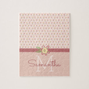 Girly Pastel Peach Heart Flower Pattern & Monogram Jigsaw Puzzle