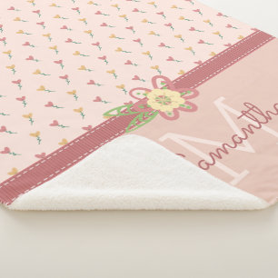 Girly Pastel Peach Heart Flower Pattern & Monogram Sherpa Blanket