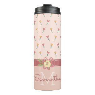 Girly Pastel Peach Heart Flower Pattern & Monogram Thermal Tumbler