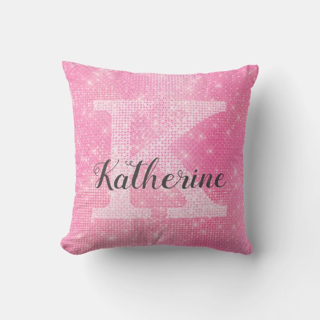 Girly Pastel Pink Cute Glam Sparkle Monogram Name Throw Pillow (Front)