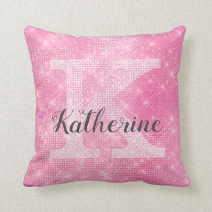 Girly Pastel Pink Cute Glam Sparkle Monogram Name Throw Pillow