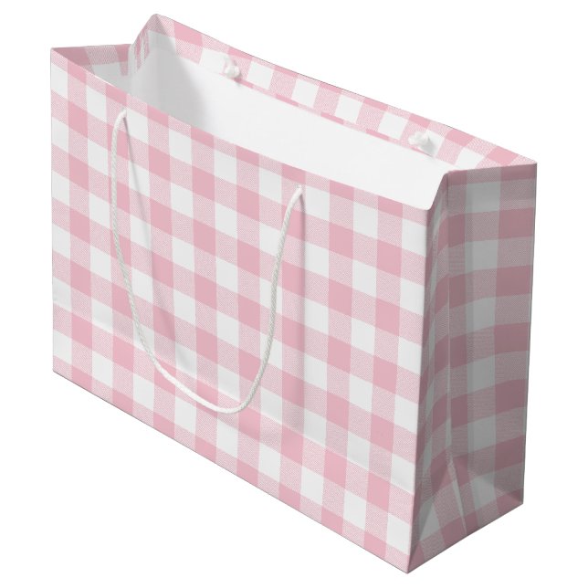 Girly Pastel Pink Gingham Plaid Large Gift Bag (Front Angled)
