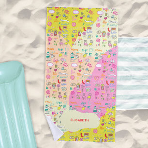Girly Pastel Pink Kawaii Doodle Beach Towel