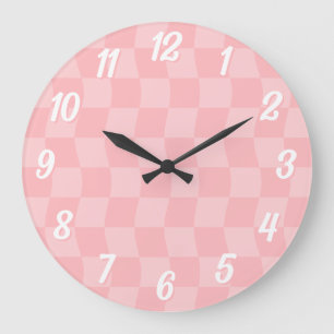 Girly Pastel Pink Wavy Checkerboard Large Clock