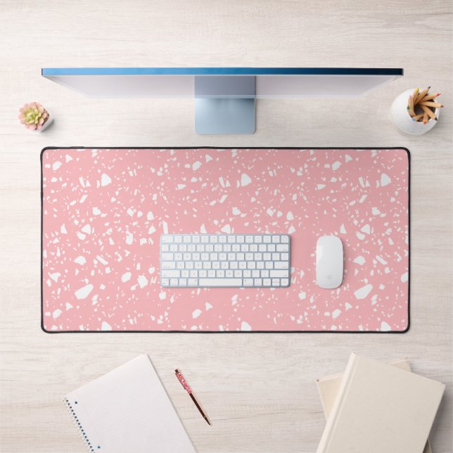 Girly Pastel Pink White Abstract Terrazzo Pattern Desk Mat (Office 1)