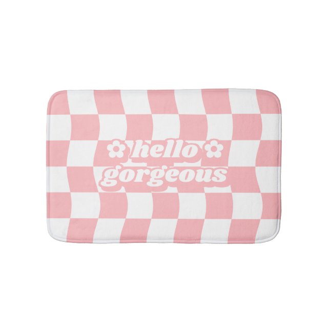 Girly Pastel Pink White Chequerboard Slogan Bath Mat (Front)