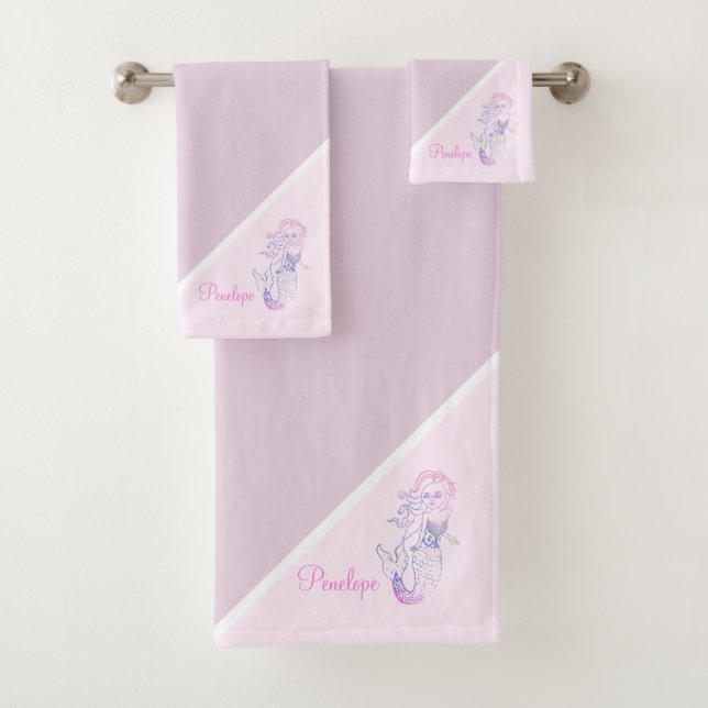 Girly Pastel Purple Rainbow Mermaid Birthday Bath Towel Set (Insitu)