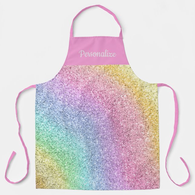 Girly Pastel Rainbow Glitter Pattern Personalized Apron (Front)
