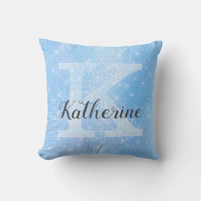 Girly Pastel Sky Blue Azure Sparkle Monogram Name Throw Pillow (Front)