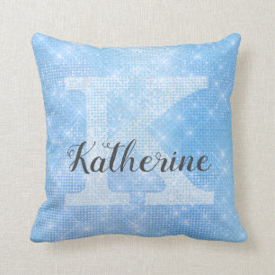 Girly Pastel Sky Blue Azure Sparkle Monogram Name Throw Pillow