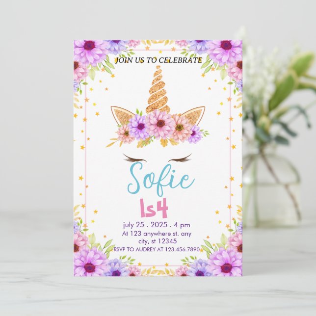 Girly Pastel Unicorn Magical Birthday  Invitation (Standing Front)