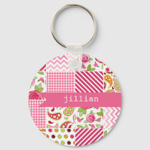 Girly Patchwork Personalized Keychain