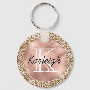 Girly Peach Brown Leopard Print Monogram Keychain