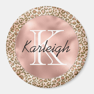 Girly Peach Brown Leopard Print Monogram Magnet