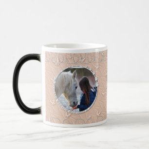 Girly Peach Faux Sparkly Two Photo Heart Accent Magic Mug