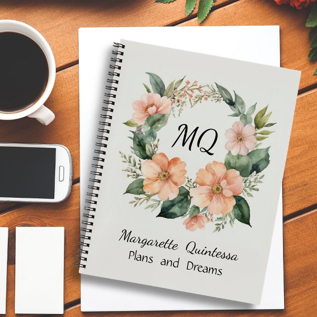 Girly Peach Fuzz Floral Watercolor Black Monogram Notebook (Creator Uploaded)
