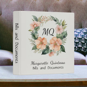 Girly Peach Fuzz Watercolor Floral Black Monogram Binder
