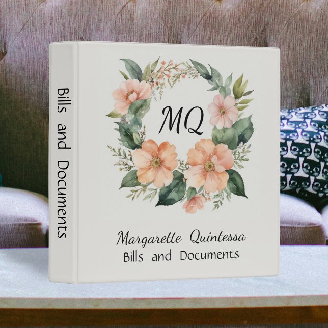 Girly Peach Fuzz Watercolor Floral Black Monogram Binder (Creator Uploaded)