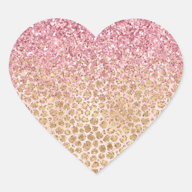 Girly Peach Gold Leopard Print Pink Glitter Glitzy Heart Sticker (Front)